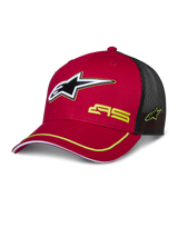 Alpinestars Exceed Trucker Hat, Red and Black, Mesh Back Baseball Cap featuring 3D Star Logo, Yellow AS Branding, and Yellow Accent Trim on Curved Brim
