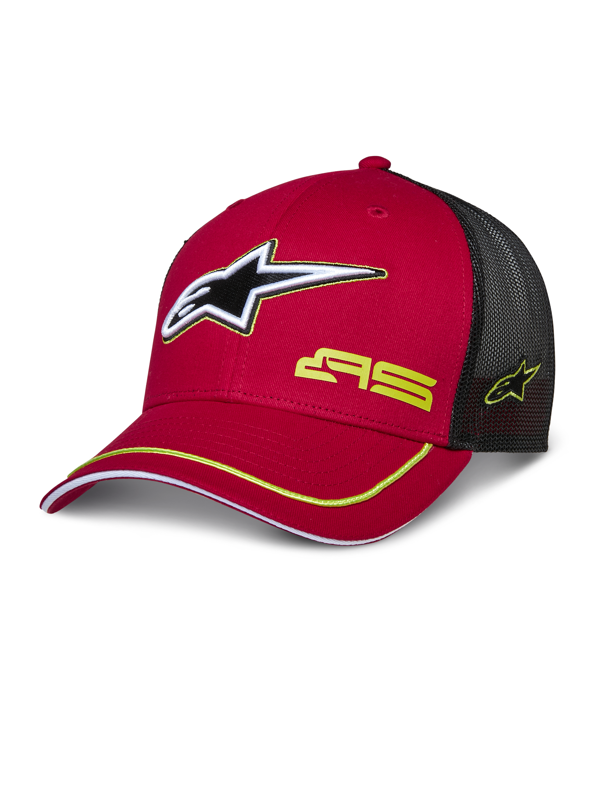 Alpinestars Exceed Trucker Hat, Red and Black, Mesh Back Baseball Cap featuring 3D Star Logo, Yellow AS Branding, and Yellow Accent Trim on Curved Brim