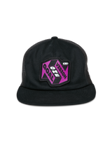 Alpinestars That Way Trucker Hat, Black Trucker Cap, features a purple and black graphic patch with "One Vision One Goal" text, flat bill, structured crown, and mesh back panels, casual motorsport-inspired headwear