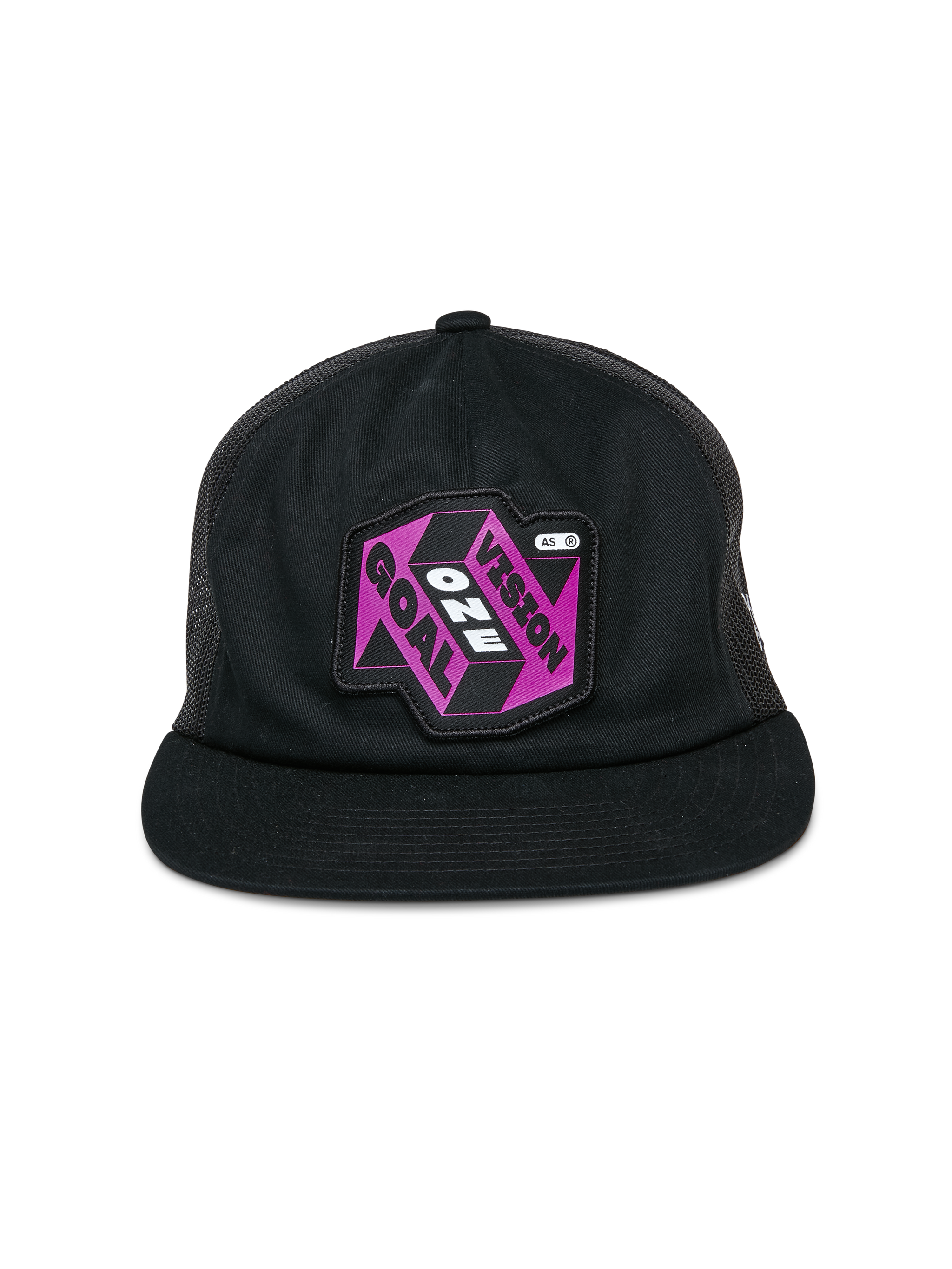 Alpinestars That Way Trucker Hat, Black Trucker Cap, features a purple and black graphic patch with "One Vision One Goal" text, flat bill, structured crown, and mesh back panels, casual motorsport-inspired headwear