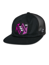 Alpinestars That Way Trucker Hat, Black Mesh-Back Snapback Cap, Flat Bill, Pink and Purple 'Vision One Goal' Patch, White Alpinestars Star Logo, Casual Sportswear