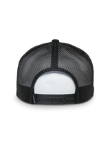Alpinestars That Way Trucker Hat, back view, black, mesh rear panels with adjustable snapback closure, small woven logo tag, casual motorsport-inspired headwear