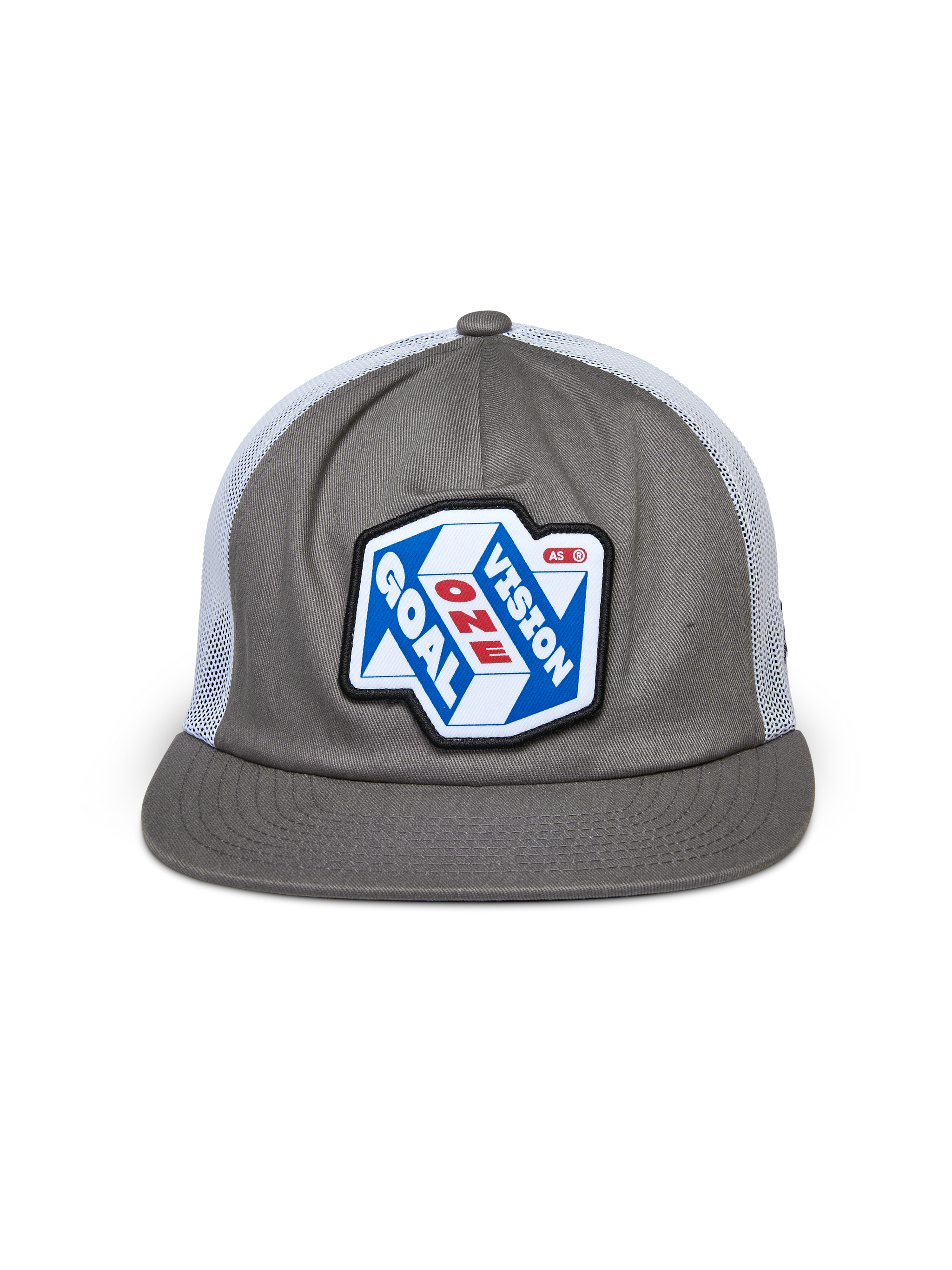 Alpinestars That Way Trucker Hat, Grey and White, structured crown with flat bill and white mesh back, featuring a large front patch with 'One Goal One Vision' graphic, casual motorsport streetwear