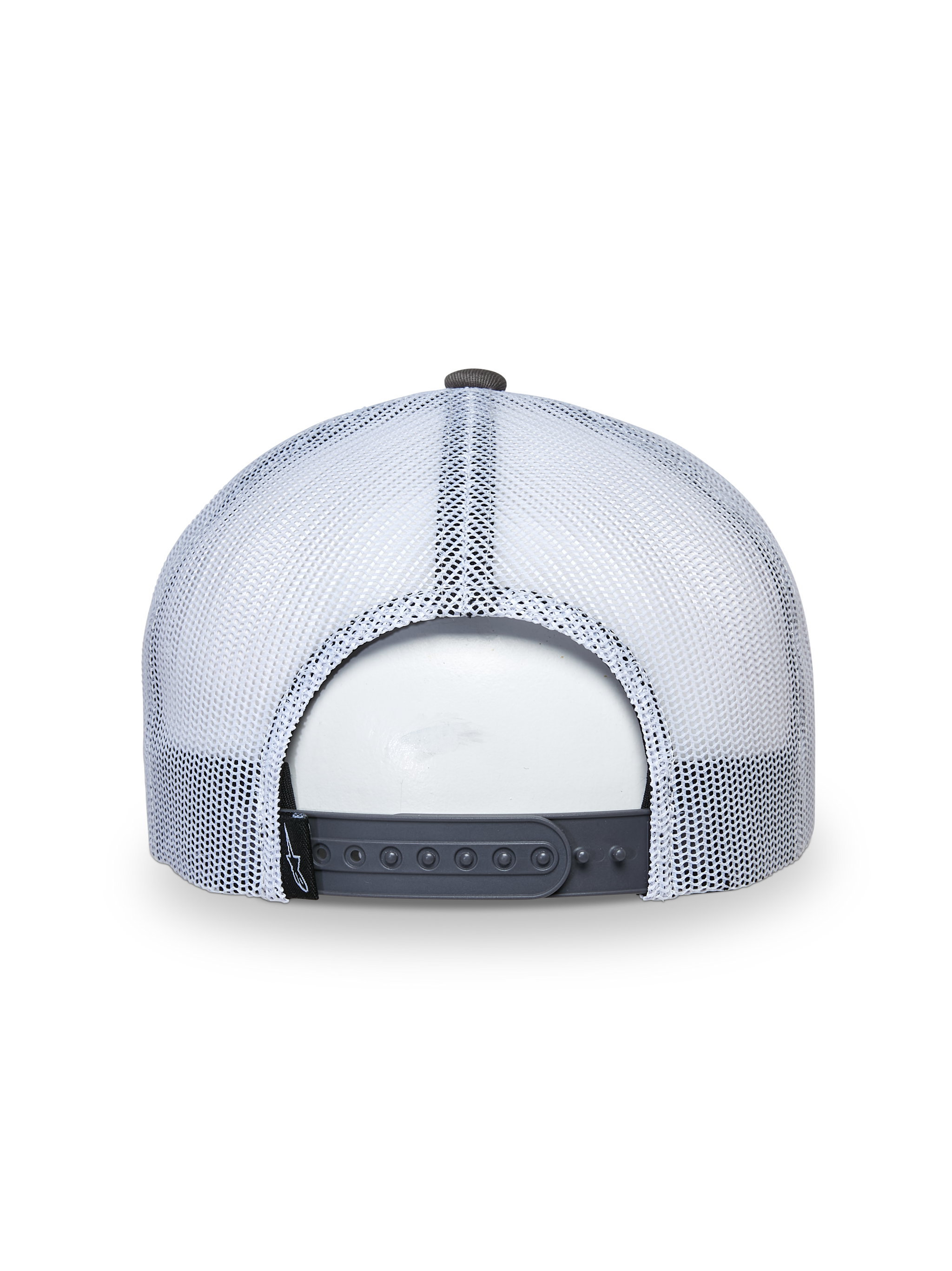 Alpinestars That Way Trucker Hat, Trucker Cap, Grey and White, Back view showing white mesh panels and grey snapback closure, adjustable fit, casual sportswear headwear