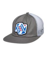 Alpinestars That Way Trucker Hat, Gray and White Snapback Cap with Mesh Back, Blue and White graphic patch featuring 'ONE GOAL VISION' in Red and White, Flat bill, small star logo on mesh, Casual Motorsport Style
