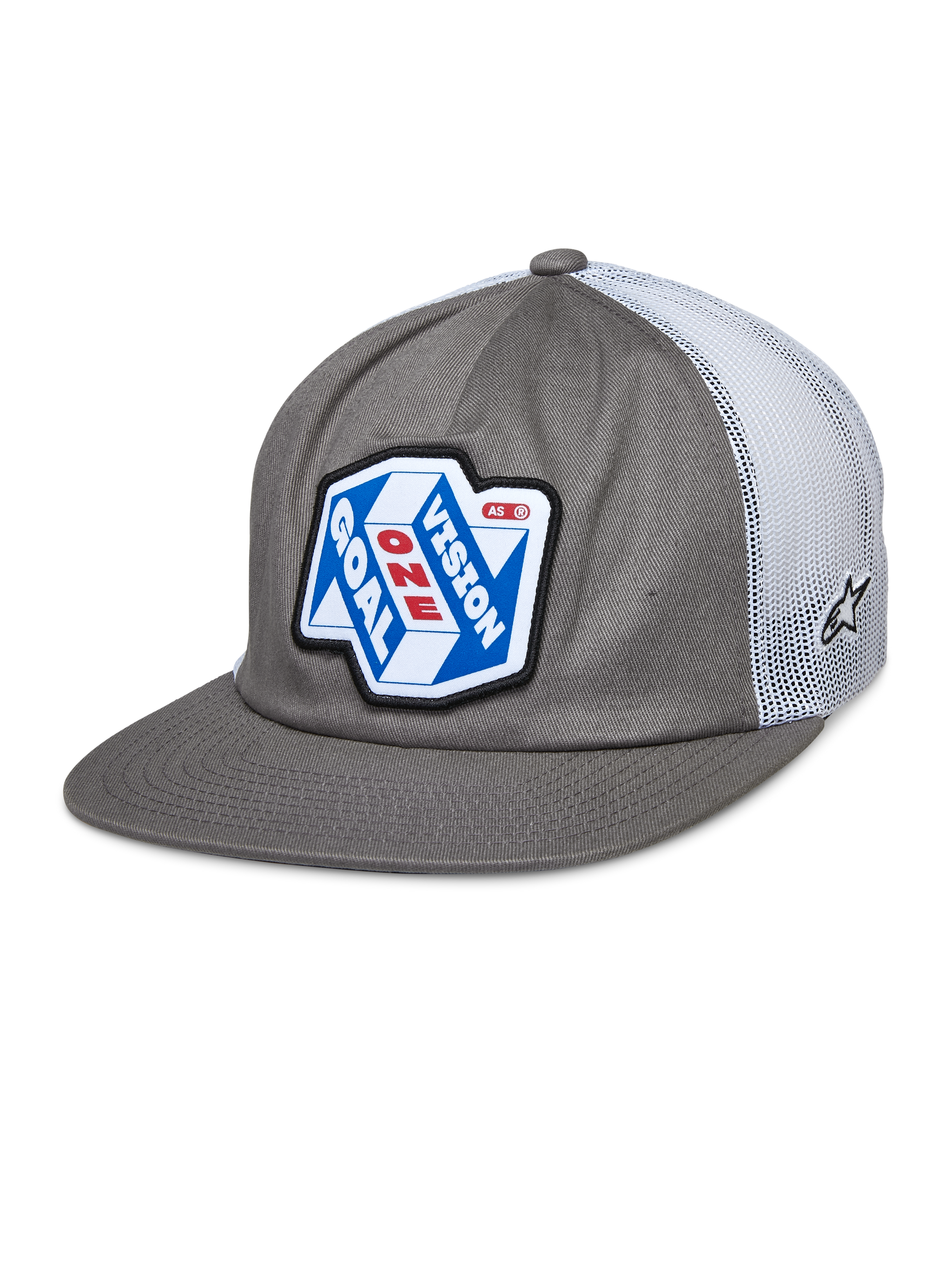 Alpinestars That Way Trucker Hat, Gray and White Snapback Cap with Mesh Back, Blue and White graphic patch featuring 'ONE GOAL VISION' in Red and White, Flat bill, small star logo on mesh, Casual Motorsport Style