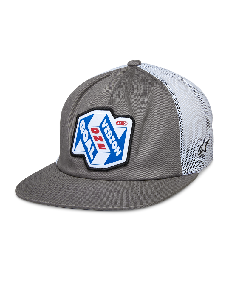Alpinestars That Way Trucker Hat, Gray and White Snapback Cap with Mesh Back, Blue and White graphic patch featuring 'ONE GOAL VISION' in Red and White, Flat bill, small star logo on mesh, Casual Motorsport Style