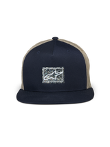 Alpinestars Mackinic Trucker Hat, Navy Blue and Khaki, Flat Bill Trucker Cap, structured navy front panel with a speckled rectangular recycled logo patch, khaki mesh back, casual motorsport-inspired headwear