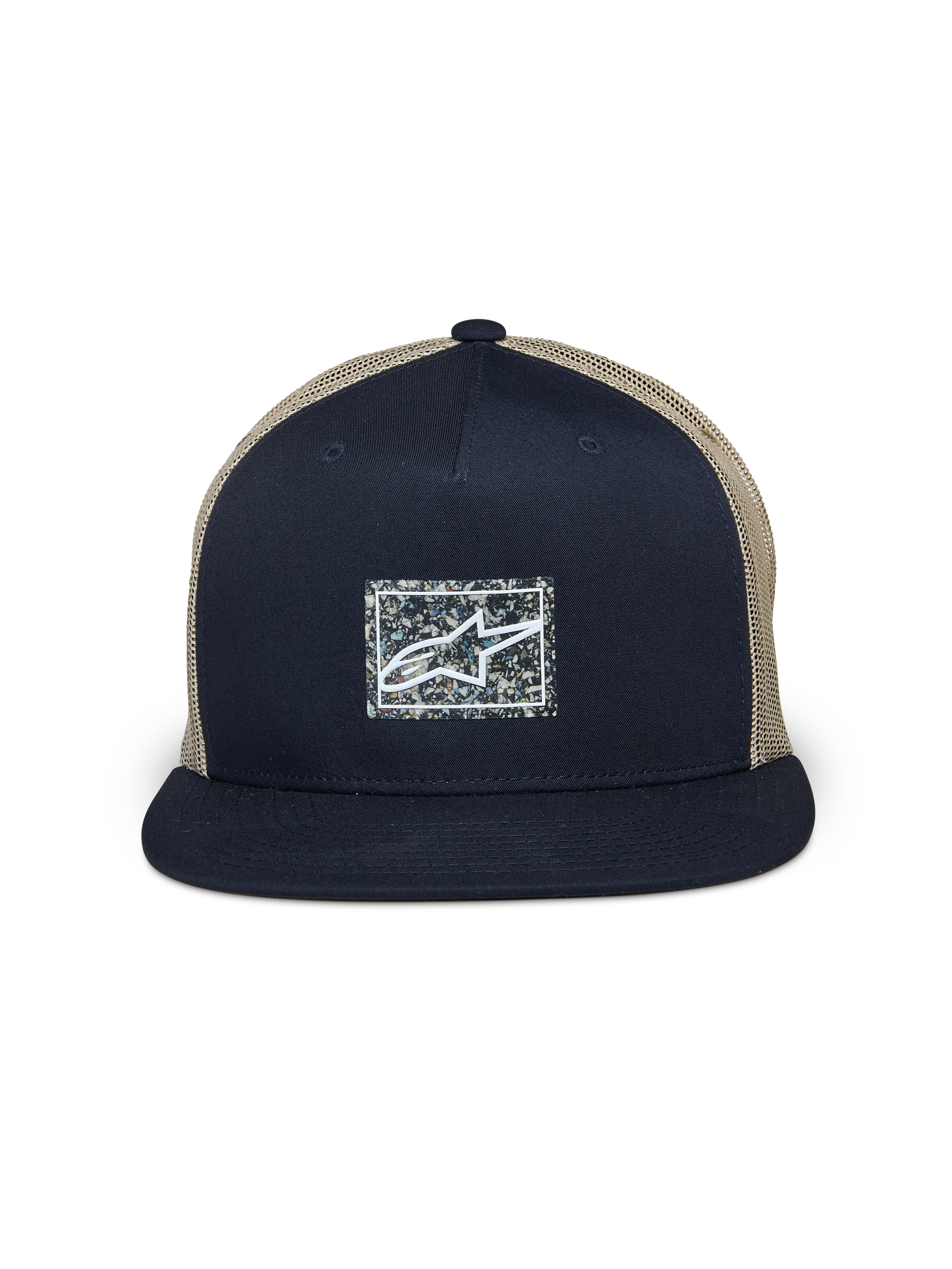 Alpinestars Mackinic Trucker Hat, Navy Blue and Khaki, Flat Bill Trucker Cap, structured navy front panel with a speckled rectangular recycled logo patch, khaki mesh back, casual motorsport-inspired headwear