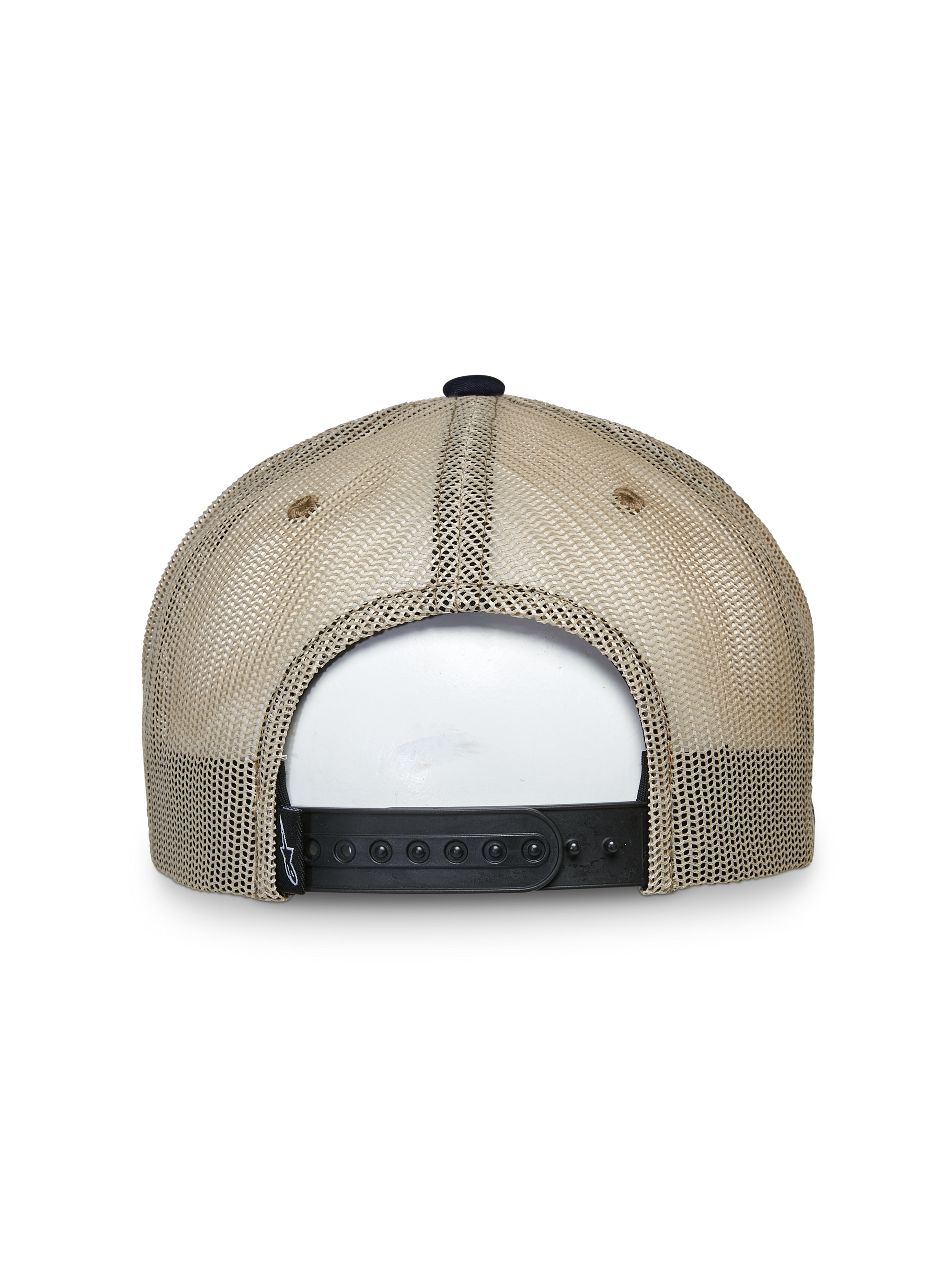 Alpinestars Mackinic Trucker Hat, Trucker Hat, Navy and Khaki, back view featuring tan mesh panels and a black adjustable snapback closure, casual lifestyle headwear