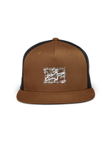 Alpinestars Mackinic Trucker Hat, Brown and Black, flat bill with structured crown, featuring a recycled paper TPU heat transfer logo on the front, black mesh back, casual sportswear accessory