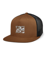 Alpinestars Mackinic Trucker Hat, Brown and Black Mesh Back, Structured Crown and Flat Bill, White A-star Logo on a Rectangular Speckled Patch, Casual Motorsport-Inspired Headwear