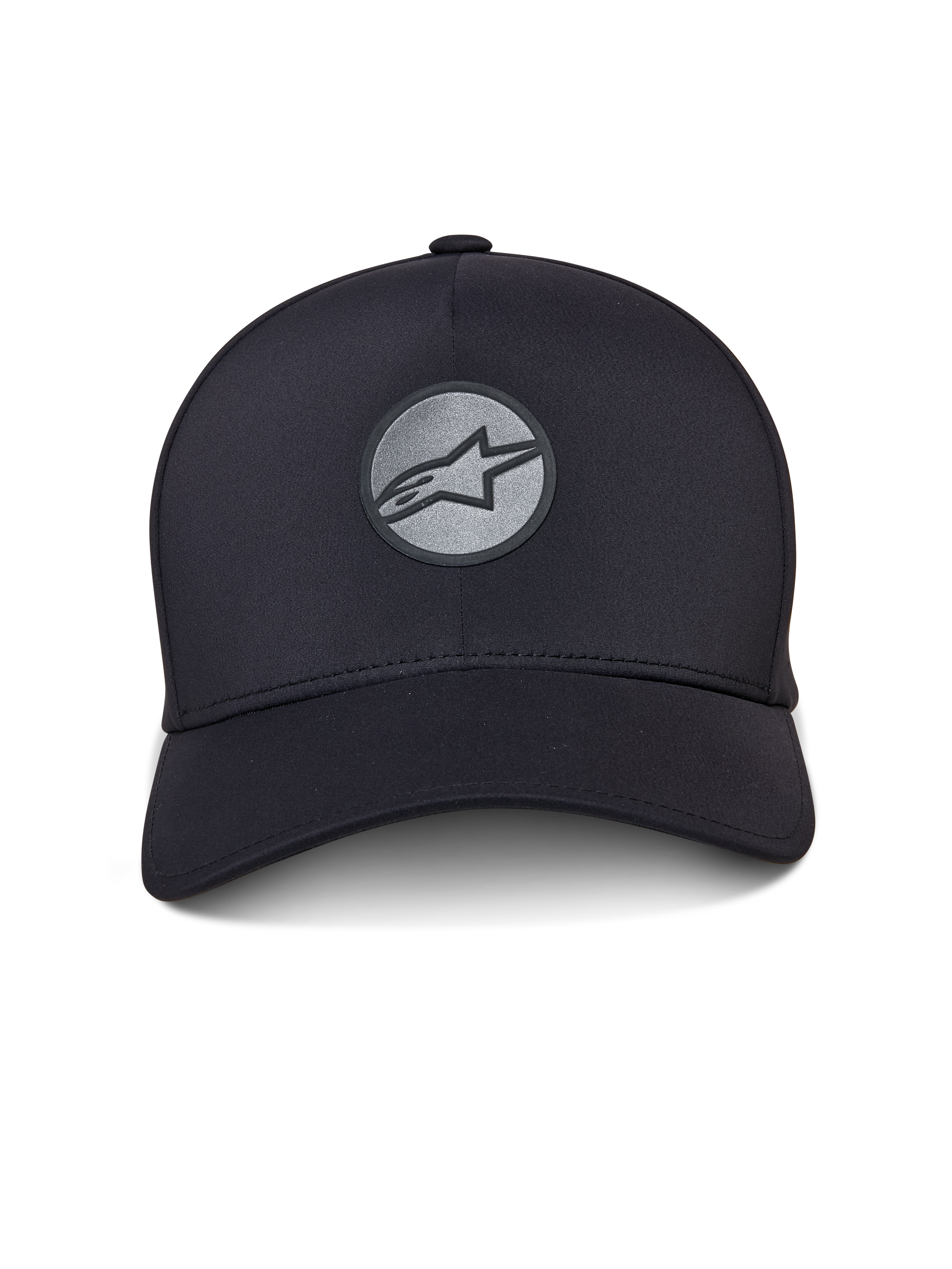 Alpinestars Apex Hat, Black Sportswear Hat, curved bill and structured crown, front reflective welded Astar logo on a circular patch, seamless construction with a modern athletic design