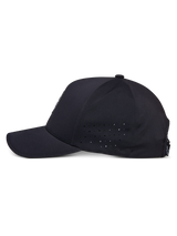 Alpinestars Apex Hat, Black, side profile view, curved bill with structured crown, side panel perforations for breathability, moisture-wicking technical fabric, casual performance sportswear