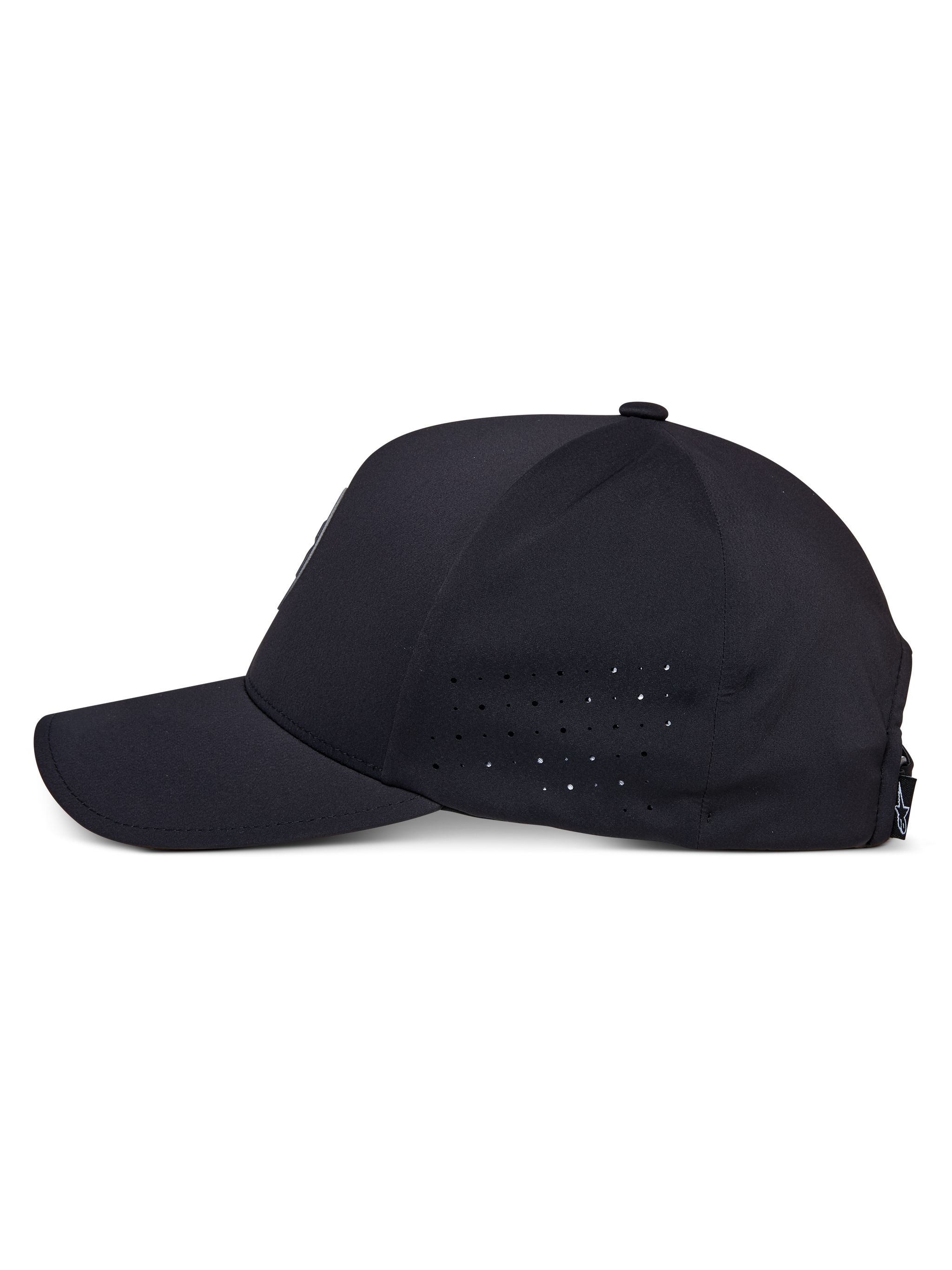 Alpinestars Apex Hat, Black, side profile view, curved bill with structured crown, side panel perforations for breathability, moisture-wicking technical fabric, casual performance sportswear