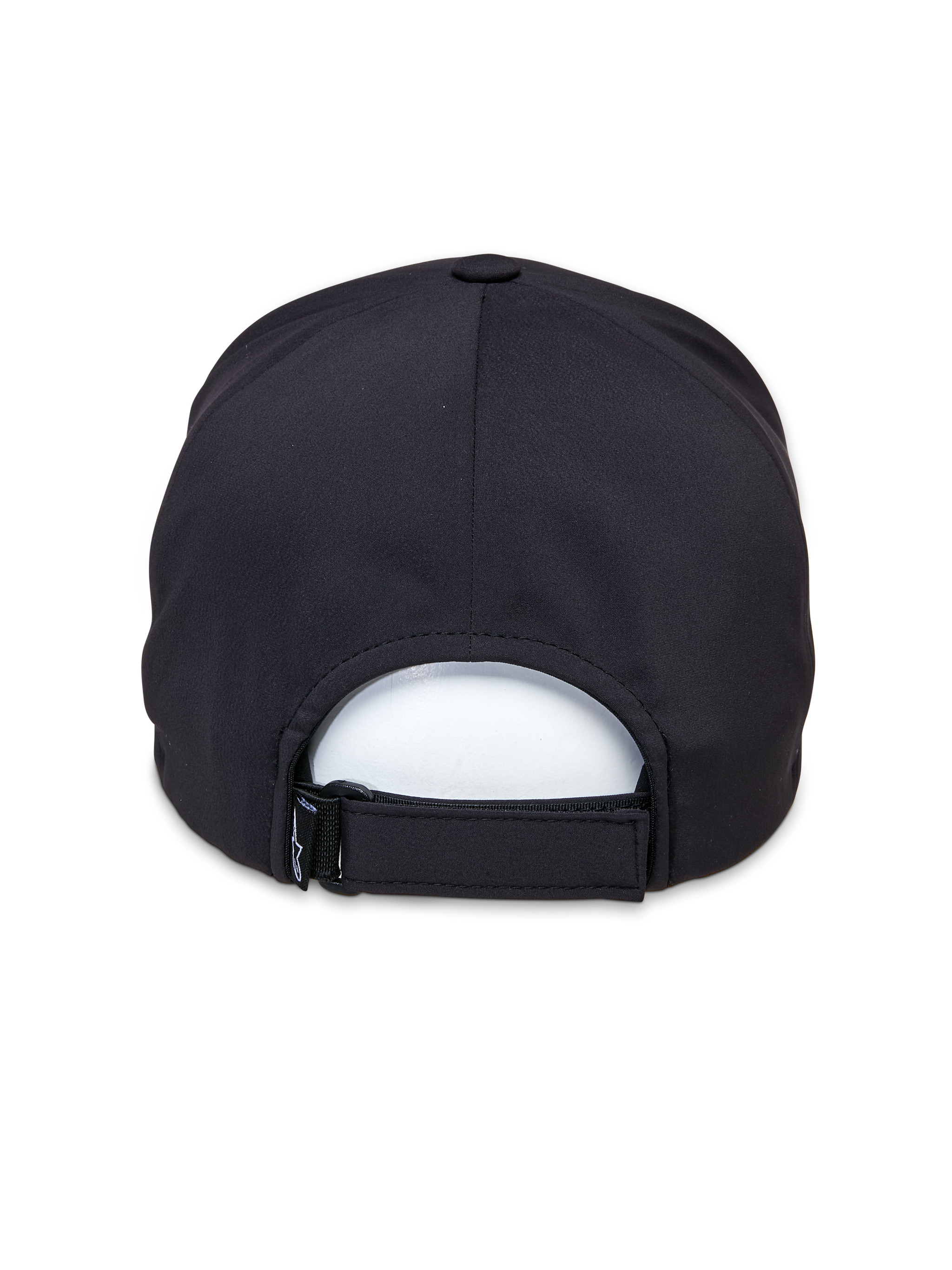 Alpinestars Apex Hat, Black, back view showing the adjustable Velcro strap, stitchless crown construction, and breathable performance fabric for casual sportswear.