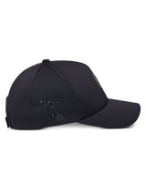 Alpinestars Apex Hat, Side Profile, Black, featuring a structured crown and curved bill, side panel perforations, small reflective logo, and smooth stitchless construction for a clean look