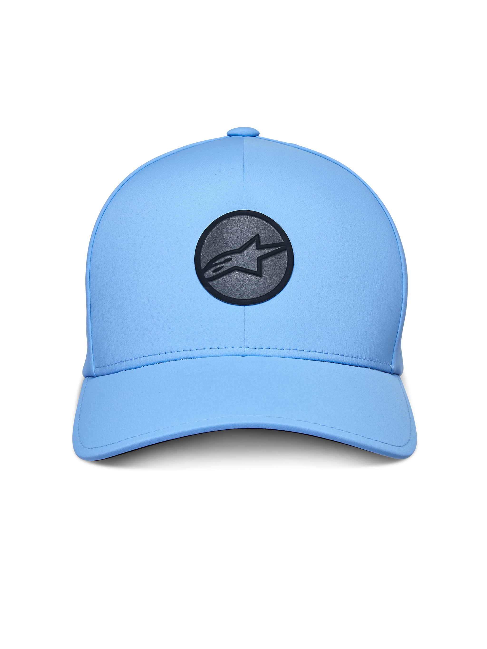 Alpinestars Apex Hat, Sportswear Hat, Light Blue, featuring a circular black reflective logo on the front, curved bill, structured crown, and technical stitchless bonded construction