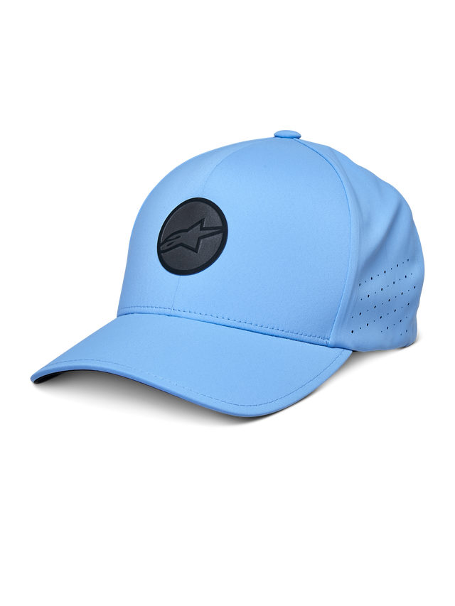 Alpinestars Apex Hat, Blue Baseball Cap, featuring a black circular logo, perforated side panels for ventilation, curved brim, performance sportswear