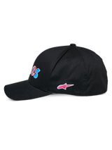 Alpinestars Cereal Hat, black baseball cap, side profile view, curved bill with structured crown, featuring colorful front embroidery and a pink Alpinestars star logo on the side, casual sportswear headwear