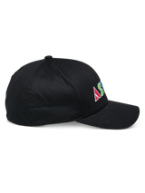 Alpinestars Cereal Hat, Black structured baseball cap, side profile view, colorful flat embroidery logo on the side with geometric letters, curved bill, casual sportswear design.
