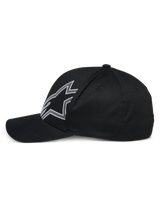 Alpinestars Share Hat, black baseball cap, side profile view, featuring a large white outlined Astars logo, curved bill, structured crown, casual motorsport-inspired headwear