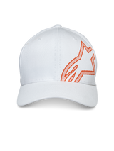 Alpinestars Share Hat, Baseball Cap, White, featuring a large orange HD puff print Astars logo on the side, curved bill with structured crown, casual motorsport headwear