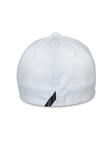 Alpinestars Share Hat, back view, white flex back baseball cap, stretch twill fabric, featuring a small black logo label at the bottom edge, casual sportswear accessory