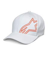 Alpinestars Share Hat, White Baseball Cap featuring an Orange HD Puff Print Astars Logo, Curved Bill and Structured Crown, Casual Motorsport Sportswear