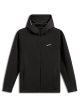 Alpinestars Cypher Hoodie, Black, zip-front double face fleece, high neck hood with mesh lining and Alpinestars word logo, small white Astars logo on chest, on-seam pockets, casual motorsport-inspired streetwear