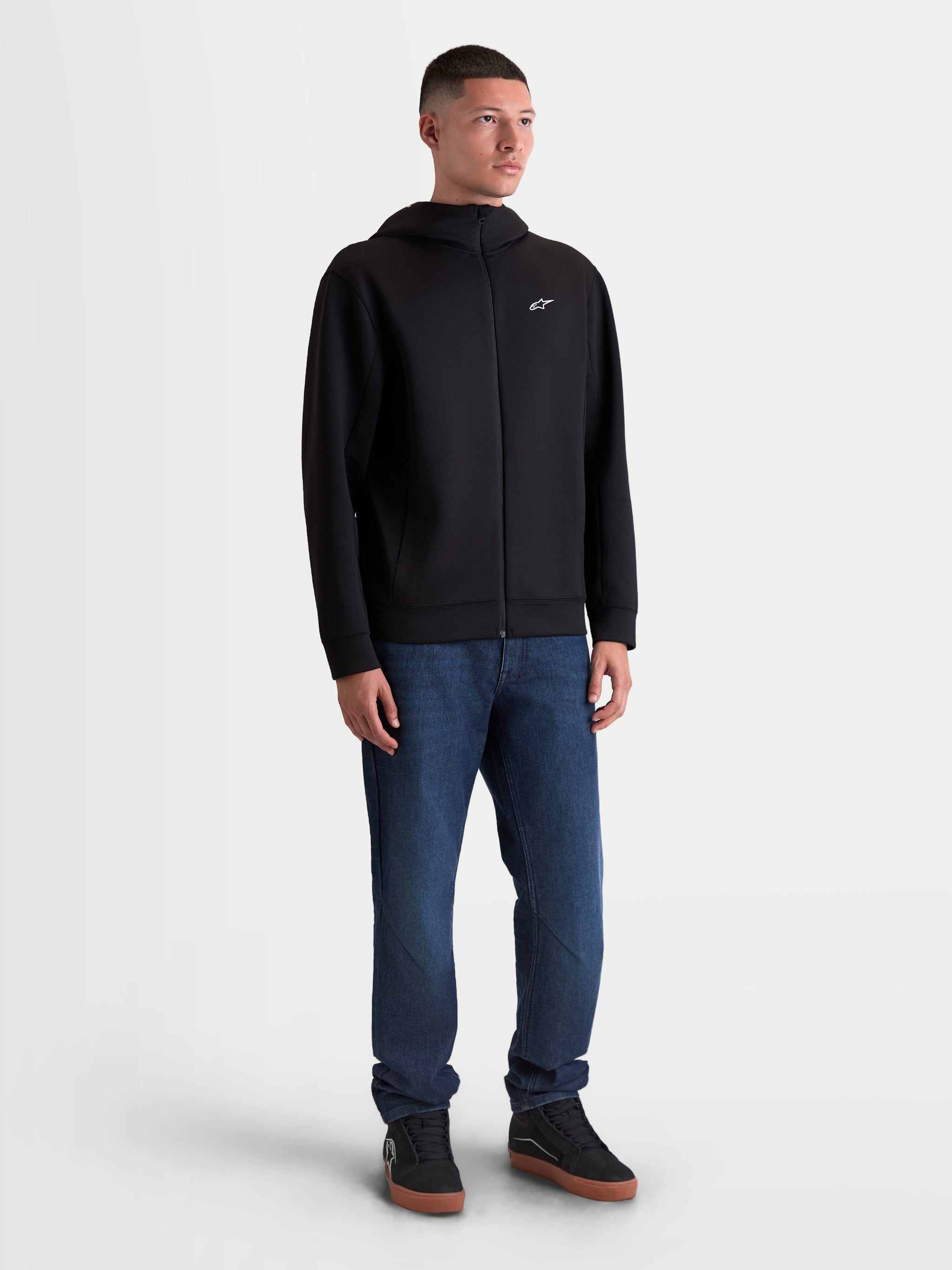 Alpinestars Cypher Hoodie, Men's Sportswear Zip-Up Fleece in Black, featuring a high-neck mesh-lined hood, small white chest logo, and on-seam pockets, premium tri-blend construction for casual everyday wear.