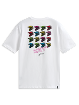 Alpinestars Pop Helmet CSF Tee, Short Sleeve T-Shirt, White, back view featuring a grid of multi-colored M10 helmets and ALPINESTARS PROTECTS text, casual motorsport-inspired streetwear