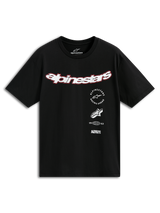 Alpinestars Abus CSF Tee, Short Sleeve T-Shirt, Black, Curved White Alpinestars Logo with Red Outline, Multi-Stacked Graphics including Racing Ahead and 1963, Casual Motorsport Streetwear