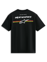 Alpinestars Lanes CSF Tee, Short Sleeve T-Shirt, Black, White Alpinestars and Astars logos with orange and yellow horizontal stripes on the back, Casual Motorsport Streetwear