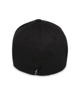 Alpinestars Instinct Hat, Black, back view showing structured crown and flex-back design, featuring a small black label with white Astars logo, durable twill fabric, casual motorsport-inspired headwear