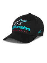 Alpinestars Instinct Hat, Black Baseball Cap with Curved Bill, Teal Alpinestars Logo and Striped Star on Front, Red 'Racing Ahead' Text, Teal Side Logo Embroidery, Casual Motorsport Headwear
