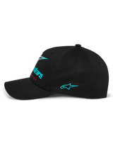 Alpinestars Instinct Hat, side profile of black baseball cap, featuring a teal embroidered Astars logo on the side and gradient front branding, curved bill with structured crown, casual motorsport streetwear