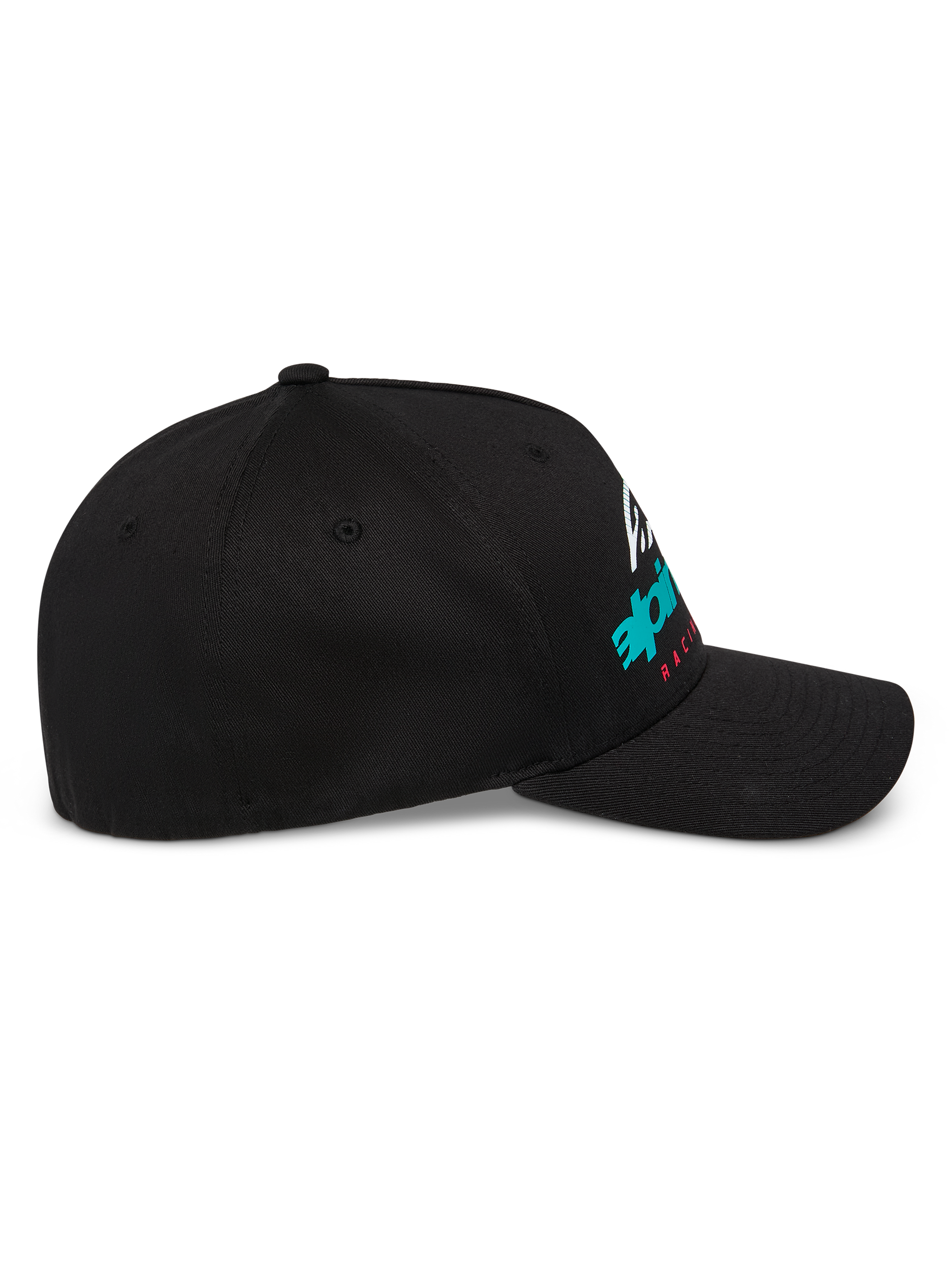 Alpinestars Instinct Hat, structured baseball cap, Black, side profile featuring curved bill and gradient Astars logo print, casual motorsport streetwear
