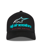 Alpinestars Instinct Hat, structured baseball cap, Black, featuring a teal Alpinestars logo with a striped star icon and red 'RACING AHEAD' text, curved bill, casual motorsport streetwear