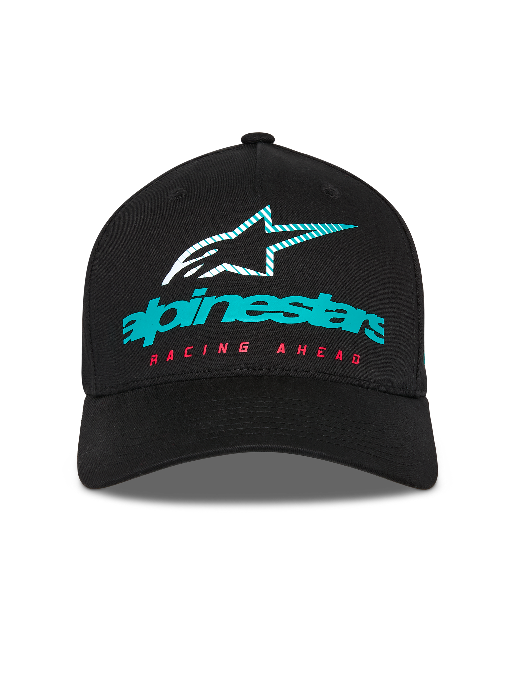 Alpinestars Instinct Hat, structured baseball cap, Black, featuring a teal Alpinestars logo with a striped star icon and red 'RACING AHEAD' text, curved bill, casual motorsport streetwear