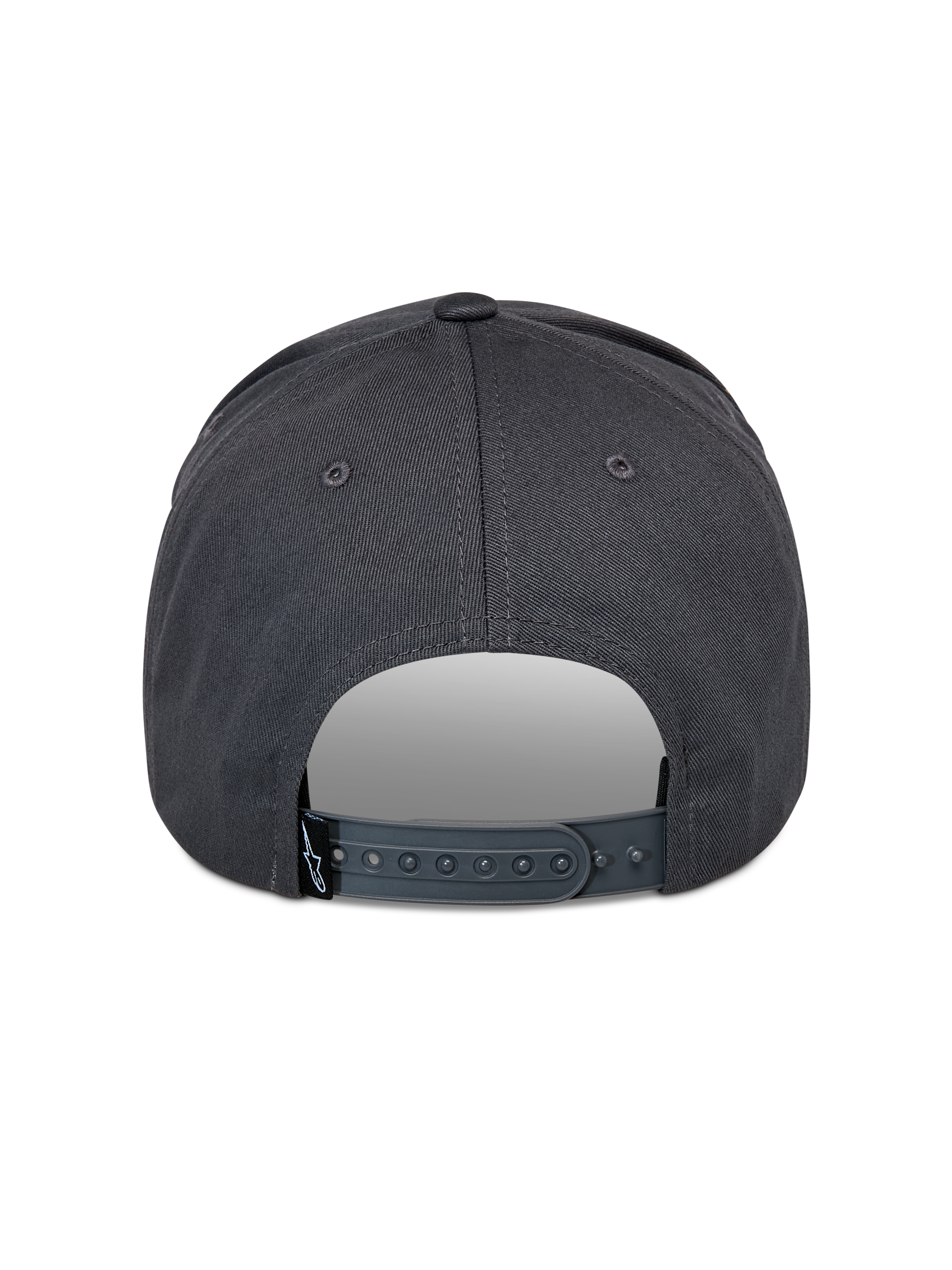 Alpinestars Lucid Snapback Hat, Charcoal Gray, back view showing adjustable plastic snapback closure and small black logo tag, structured crown, casual motorsport-inspired headwear