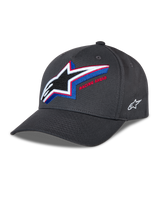 Alpinestars Lucid Snapback Hat, Charcoal Gray baseball cap, curved bill with structured crown, large multi-color embroidered Astars logo on front with 'Racing Ahead' text, small white side logo, casual motorsport style