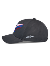Alpinestars Lucid Snapback Hat, side profile view, charcoal gray, curved bill with structured crown, vibrant multi-color front logo embroidery, white side Astars logo, casual motorsport headwear