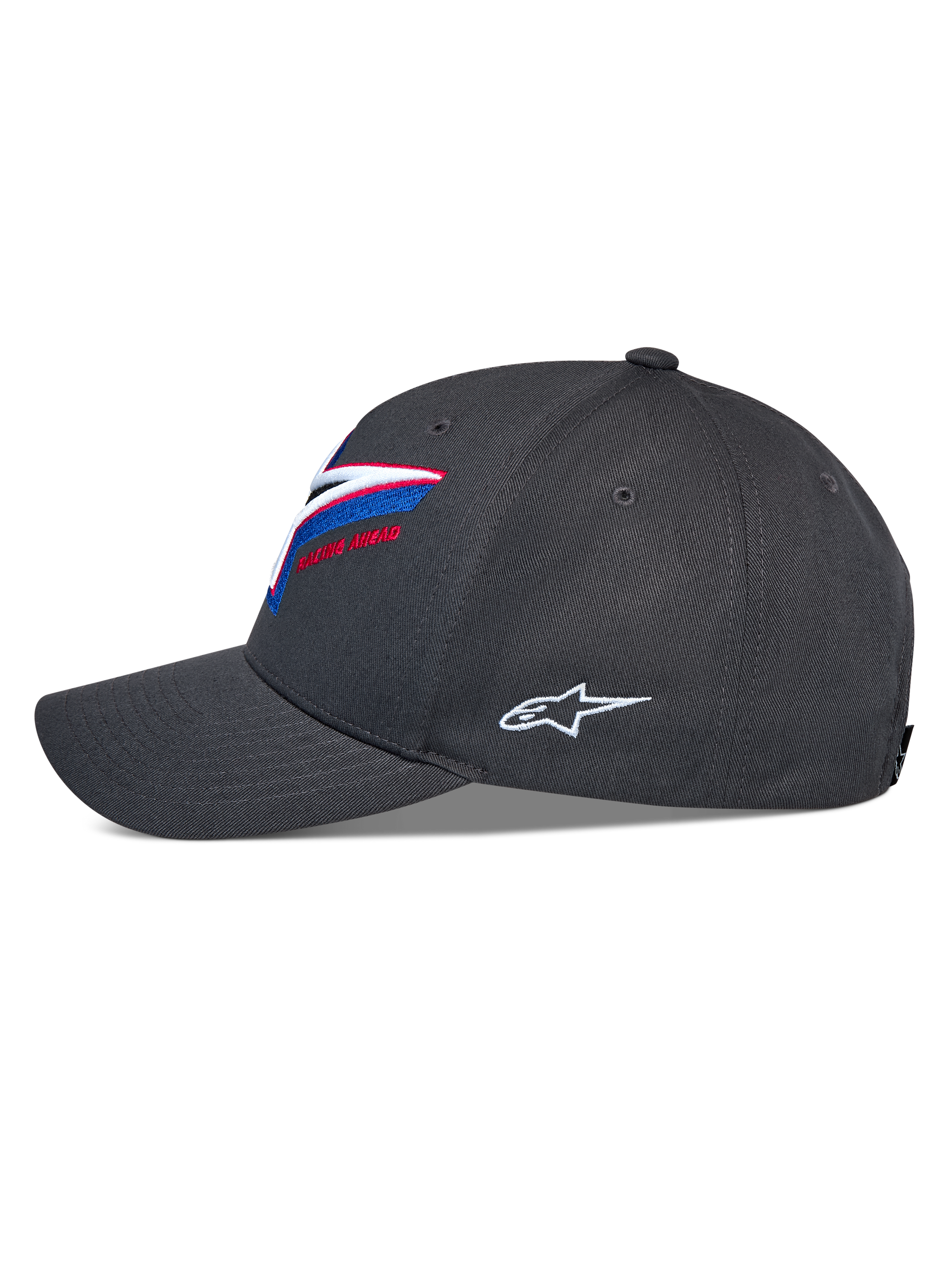 Alpinestars Lucid Snapback Hat, side profile view, charcoal gray, curved bill with structured crown, vibrant multi-color front logo embroidery, white side Astars logo, casual motorsport headwear