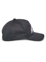 Alpinestars Lucid Snapback Hat, side profile view, Charcoal Gray, curved bill and structured crown, embroidered front logo with multi-color fill, casual motorsport-inspired snapback