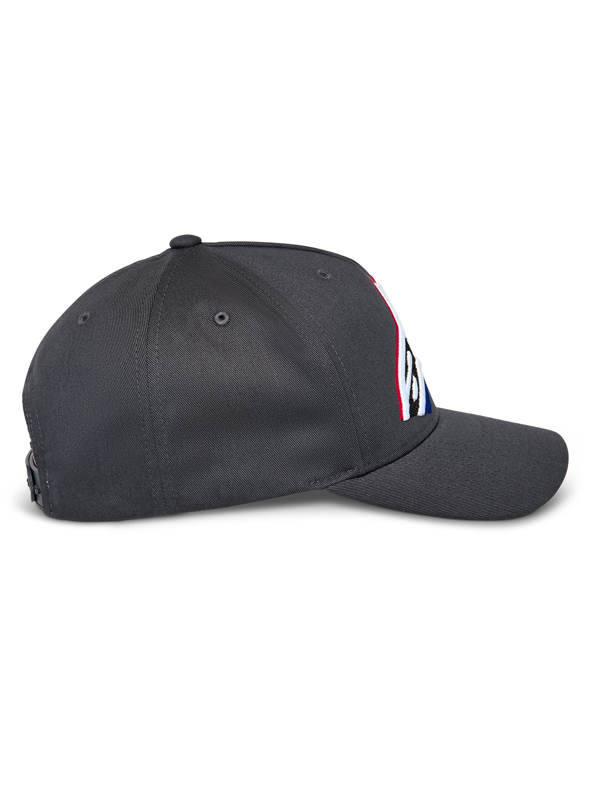 Alpinestars Lucid Snapback Hat, side profile view, Charcoal Gray, curved bill and structured crown, embroidered front logo with multi-color fill, casual motorsport-inspired snapback