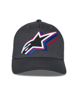 Alpinestars Lucid Snapback Hat, Charcoal Gray, featuring multi-color embroidered Astars logo with red and blue accents, curved bill, structured crown, casual motorsport streetwear