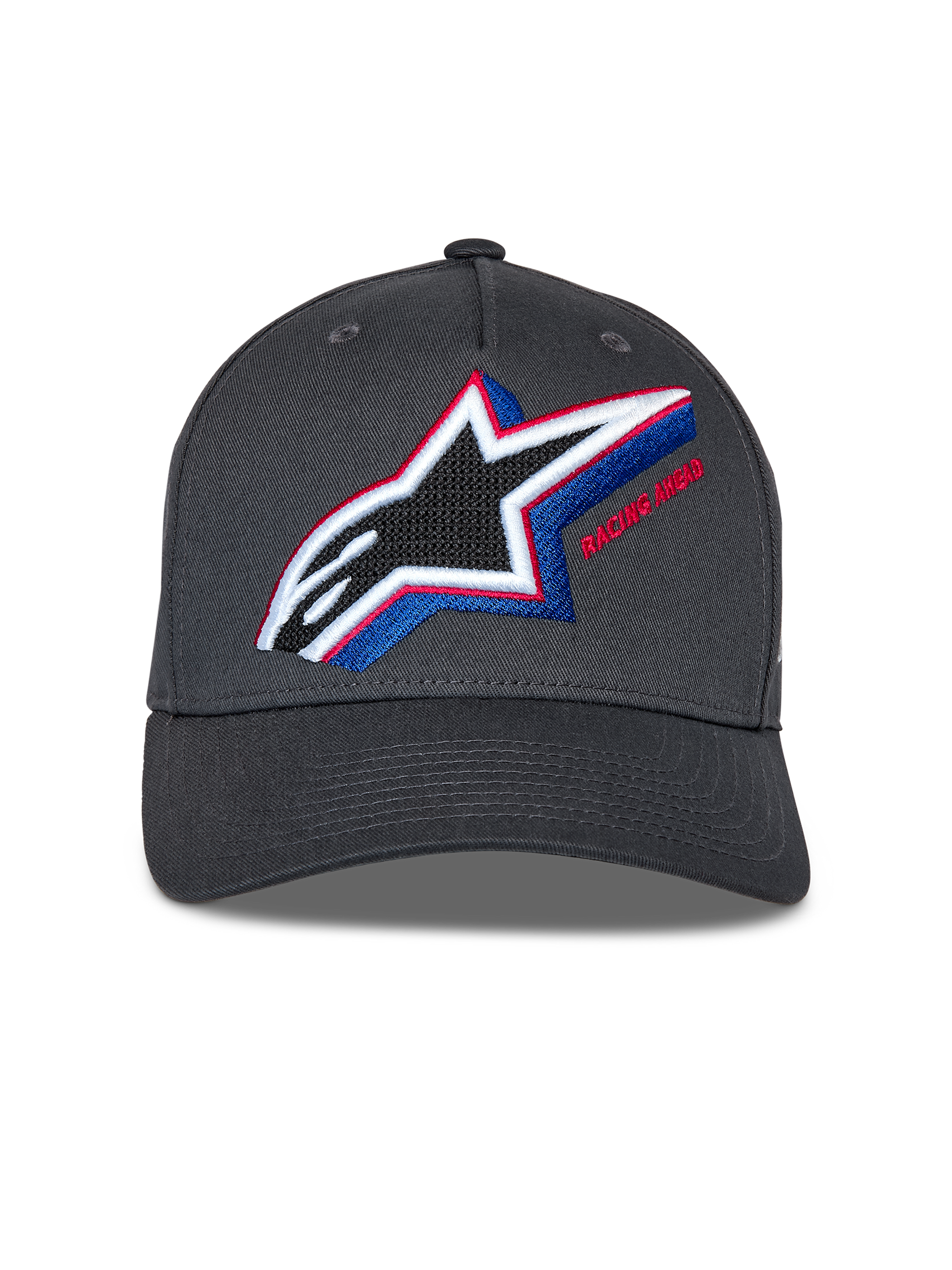 Alpinestars Lucid Snapback Hat, Charcoal Gray, featuring multi-color embroidered Astars logo with red and blue accents, curved bill, structured crown, casual motorsport streetwear