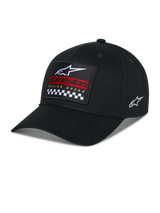 Alpinestars Matrix Snapback Hat, Black, curved bill with structured crown, front multi-color embroidery patch with Alpinestars logo, red branding, and checkered pattern, side embroidered logo, casual motorsport headwear