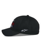 Alpinestars Matrix Snapback Hat, Black, side view of a casual baseball cap with a curved bill and structured crown, featuring a front multicolor embroidery patch and a white Astars logo on the side, cotton twill construction.